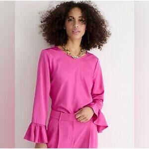 J.Crew NWT Hot Pink Winter Garden Satin Top with Bell Cuff Sleeves Size Small